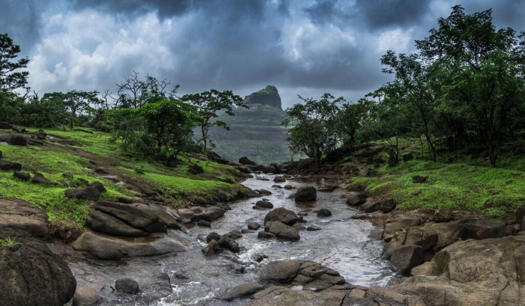 Rajmachi trek, Aerial view of the historic Rajmachi Fort surrounded by dense forests