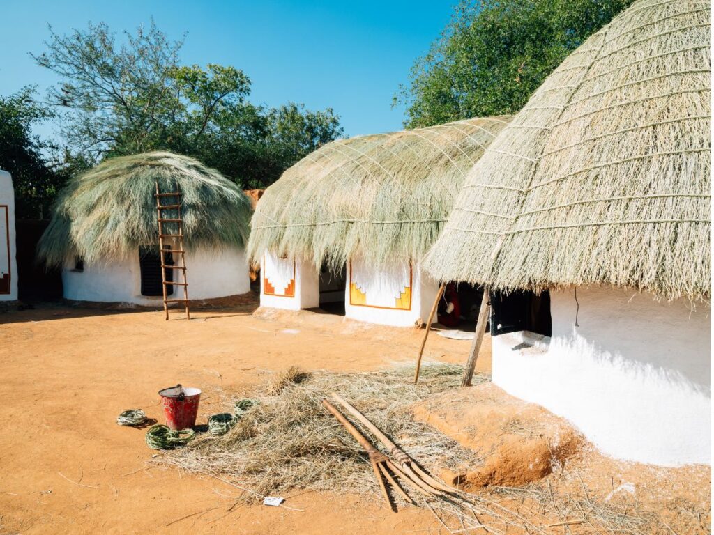 The vibrant rural arts and crafts complex of Shilpgram, depicting Rajasthan's rural life