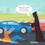 Road accidents on Road: Car crash on road background with death and life symbols flat