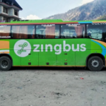 electric bus by zingbus standing in a valley in north india