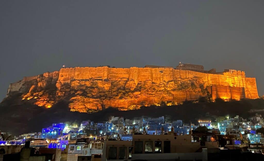 Top 10 Places to Visit in North India: jodhpur-night-The Blue City and Mehrangarh Fort in Jodhpur - Rajasthan - India - lit - at - night