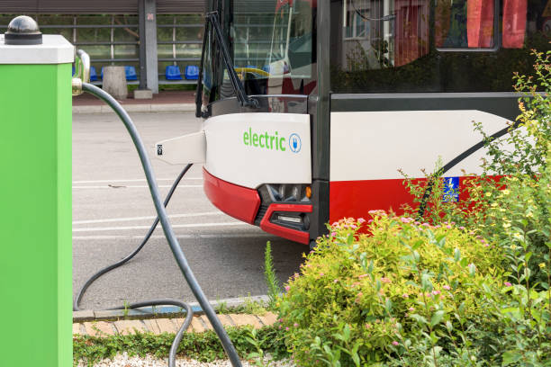 Closeup of electric bus of public transport at the charging station