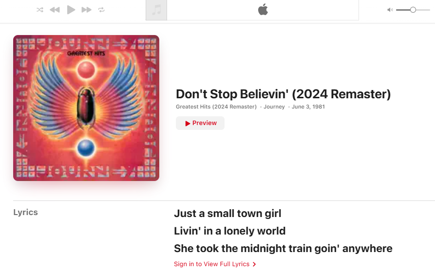 apple Itunes - dont stop believin song - remastered 2024