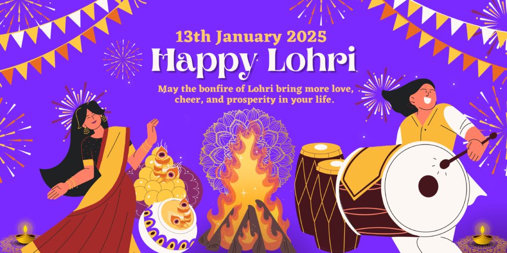 Purple Orange Festive Illustrative Lohri Festival Greeting Banner - Lohri Festival 2025 Best Places to Celebrate Lohri in India