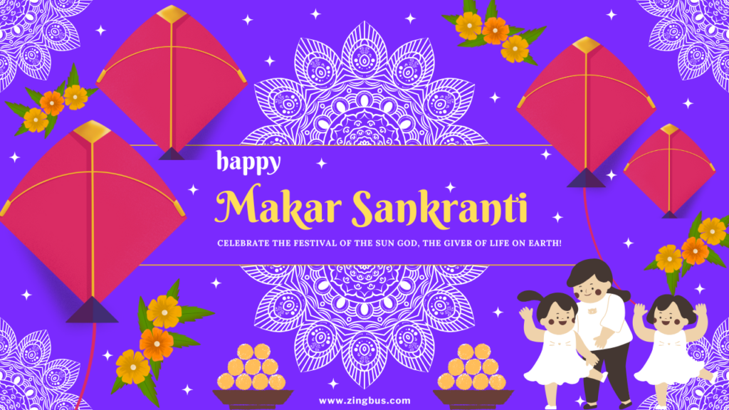 Makar Sankranti 2025: Purple-Yellow-White-Vibrant Makar Sankranti Festival Celebration Blog Banner Illustration with Kids and a Mother