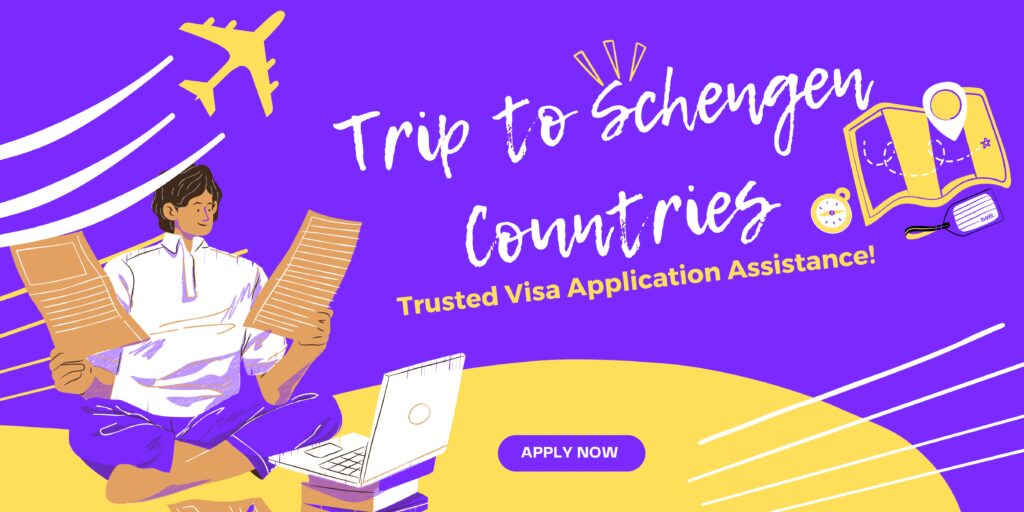 Yellow-Purple- Creative-Visa Application-Promotion Banner - How to Plan a Trip to Schengen Countries Your Ultimate Guide to Travel Visa