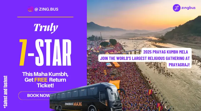 Yellow - Purple - White - Winter - Bus Tickets - Sale - Zingbus - Max - Zingbus Maxx - Coupon - Free Return Ticket Ad - Online - Bus - Booking - Delhi to Prayagraj Bus Booking - 2025 Prayag Maha Kumbh Mela