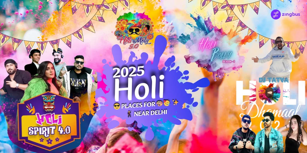 Celebrate Holi 2025: Vibrant-Illustrated-Holi-Festival-2025-Holi-Party-Places-Near-Delhi-Poster-Cum-Blog-Header--by-Zingbus