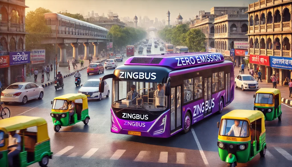 Zingbus - Electric bus in a metro city like Delhi - the rise of EV Buses in India - AI Generated Image - DallE AI